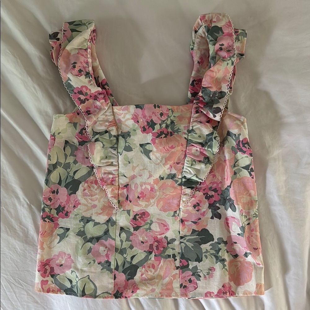 Sezane Floral Tank Top - Pink and Green